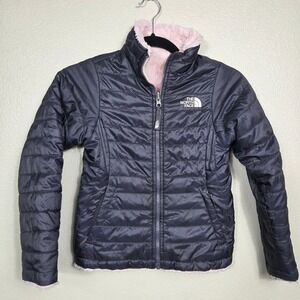 The North Face Mossbud Swirl Reversible Jacket Girls S 7/8 Pink Gray Fleece